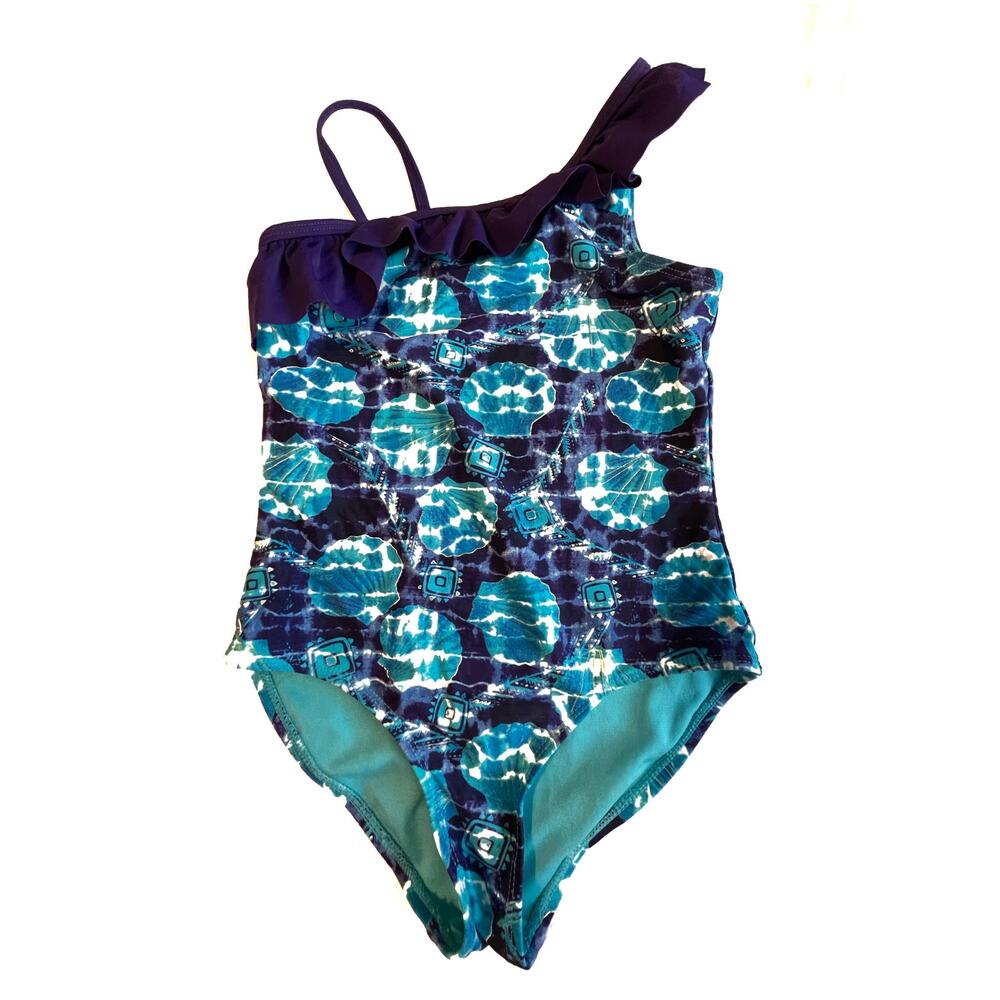 Breaking Waves 1 piece swimsuit blue purple  ruffle asymetrical Size 10.